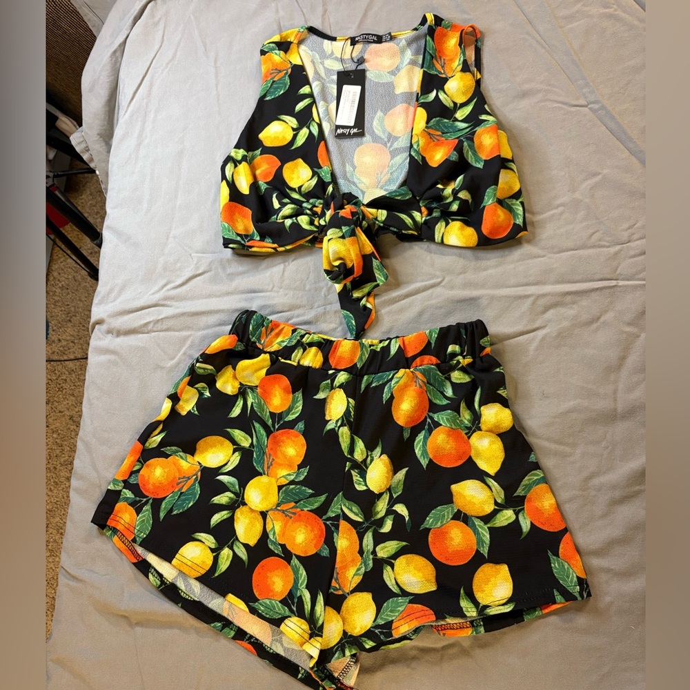 Nasty Gal Black Fruit Print Tie-Front Top & Shorts Summer Fun
